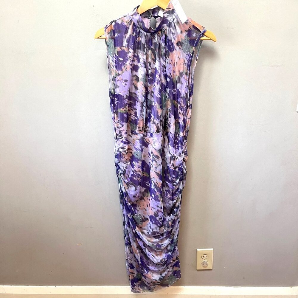 NEW Chico's Ruched Mesh‎ Floral Water Color Paint Print Midi Dress- Sz. 1